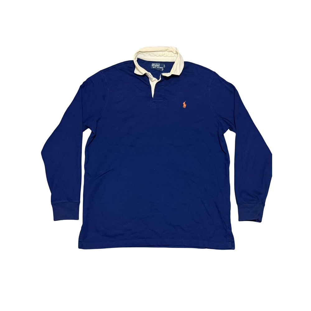 Vintage Polo Ralph Lauren Mens Rugby Shirt Navy Long Sleeve Orange Pony Size M